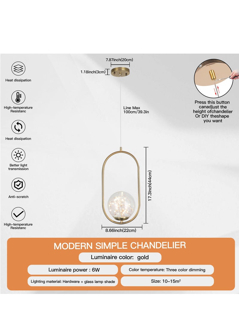 Modern LED Pendant Ceiling Light Fixture,Golden Pendant Oval Shape Round Glass Globe Ceiling hanging Indoor Decor Lamp for Living Room,Restaurant Bar Bedroom and Bedside Light,6W