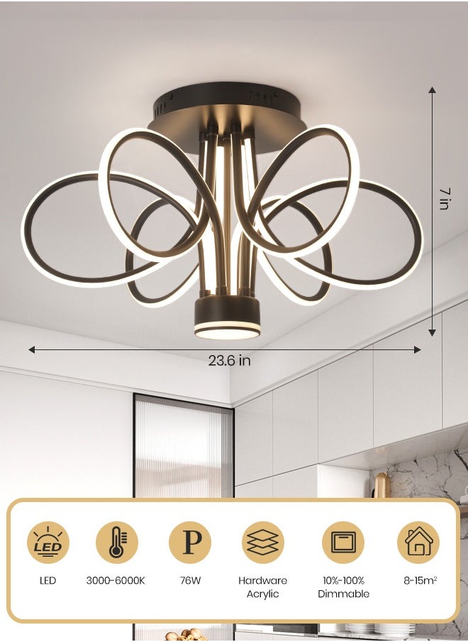 Modern LED Chandelier, 76W Remote Control Dimmable Light, 23.6in Length, Three Color Temperatures (3000K-6000K), Ideal for Living & Dining Rooms, 8-15m² Spaces