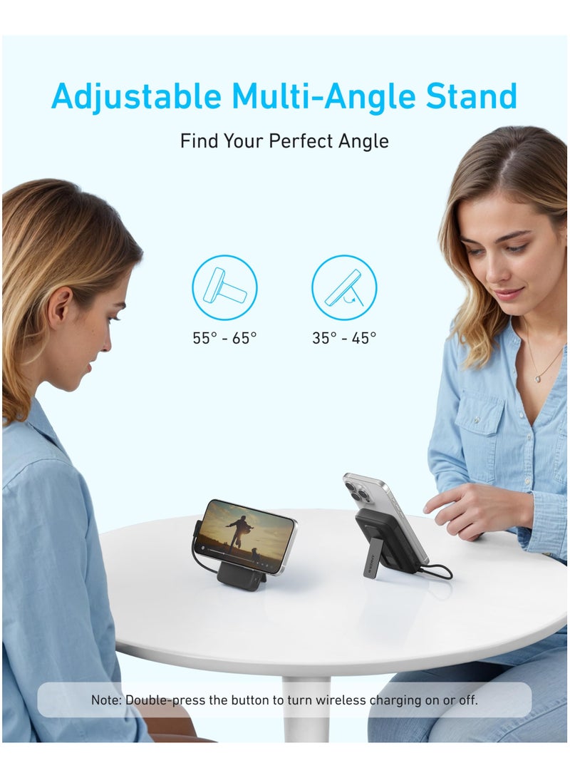 10000 mAh Anker Zolo Magnetic Power Bank, Wireless Portable Charger with 30W Max Fast Charging, Battery Pack with Built-in USB-C Cable and Adjustable Stand, for iPhone 16/15 Series, AirPods, and More Black