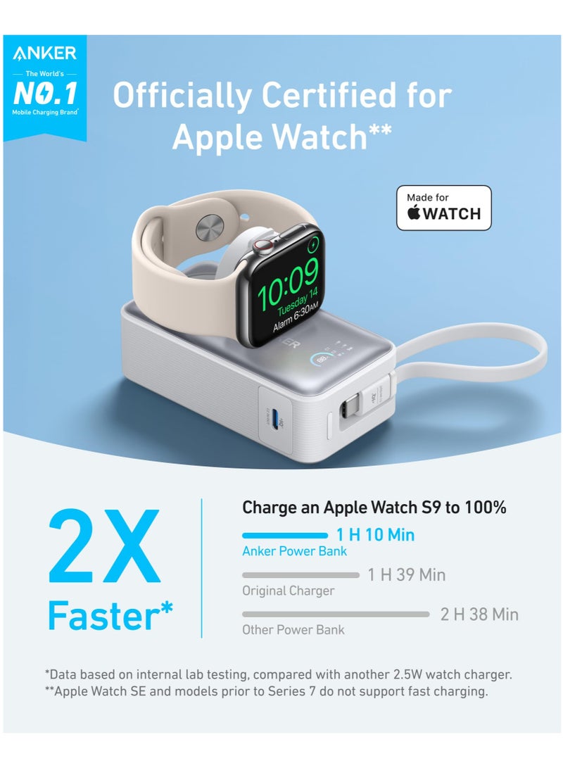 10000 mAh MagGo Power Bank for Apple Watch, Officially Certified, 10,000 mAh Compact Battery Pack with Built-in USB-C Cable, 35W Max, for iPhone 16/15 Series, Samsung, iPad, AirPods and More White