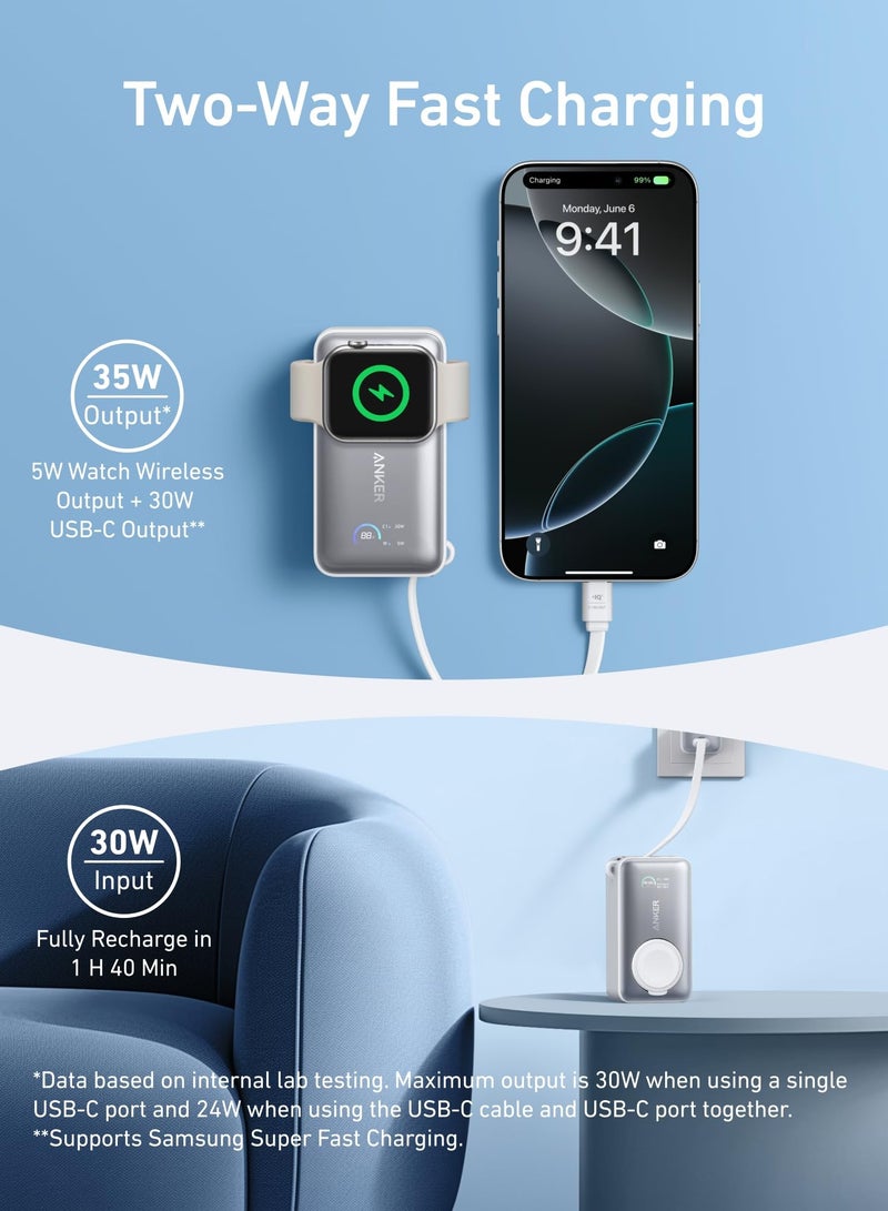 10000 mAh MagGo Power Bank for Apple Watch, Officially Certified, 10,000 mAh Compact Battery Pack with Built-in USB-C Cable, 35W Max, for iPhone 16/15 Series, Samsung, iPad, AirPods and More White