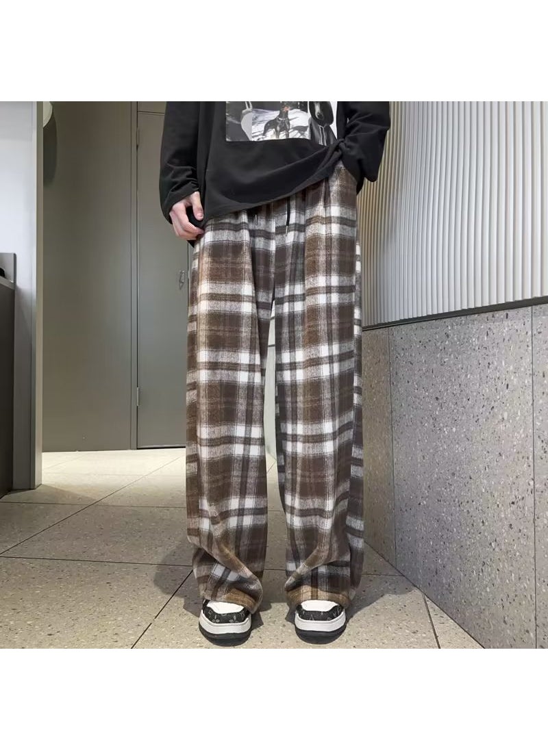 Retro Checkered Joggers Casual Loose Fit Men A922 Green