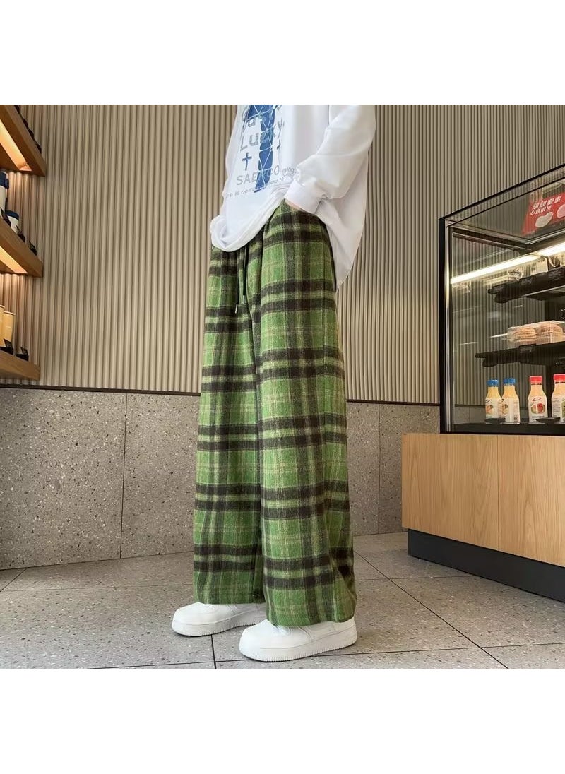Retro Checkered Joggers Casual Loose Fit Men A922 Green