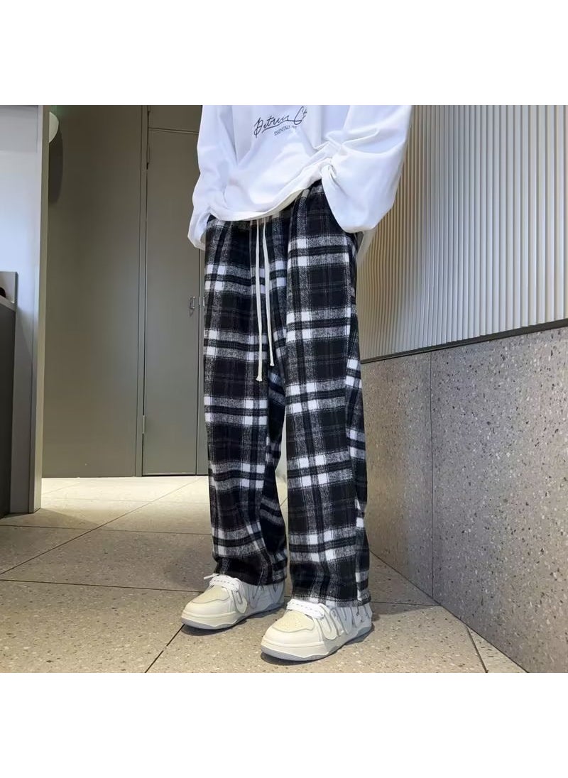 Retro Checkered Joggers Casual Loose Fit Men A922 Green