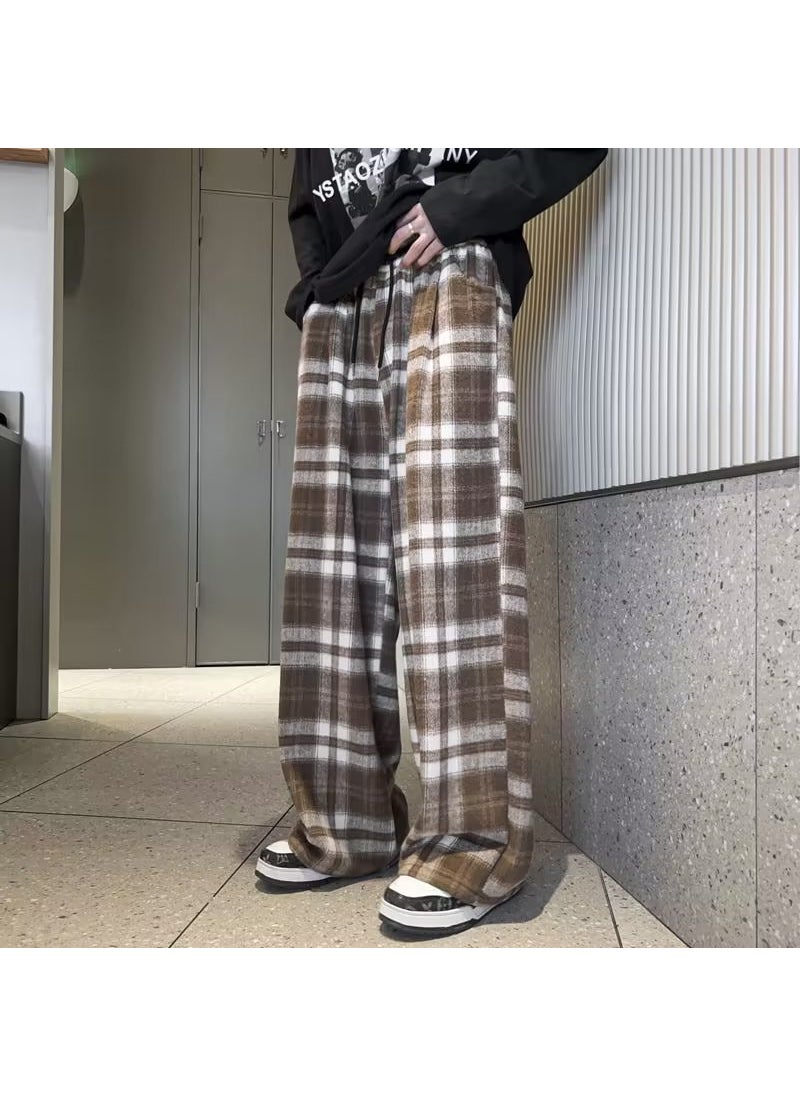 Retro Checkered Joggers Casual Loose Fit Men A922 Brown