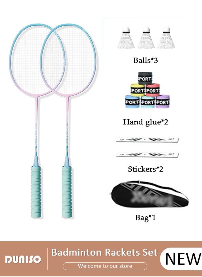 Badminton Rackets Set 2 Player, Premium Lightweight & Durable, Ferroalloy Badminton Rackets Set with 3 Shuttlecocks, 2 Replacement Grip Straps & 1 Carrying Bag for Beginners Outdoor Backyard Games, Daily Play and Training