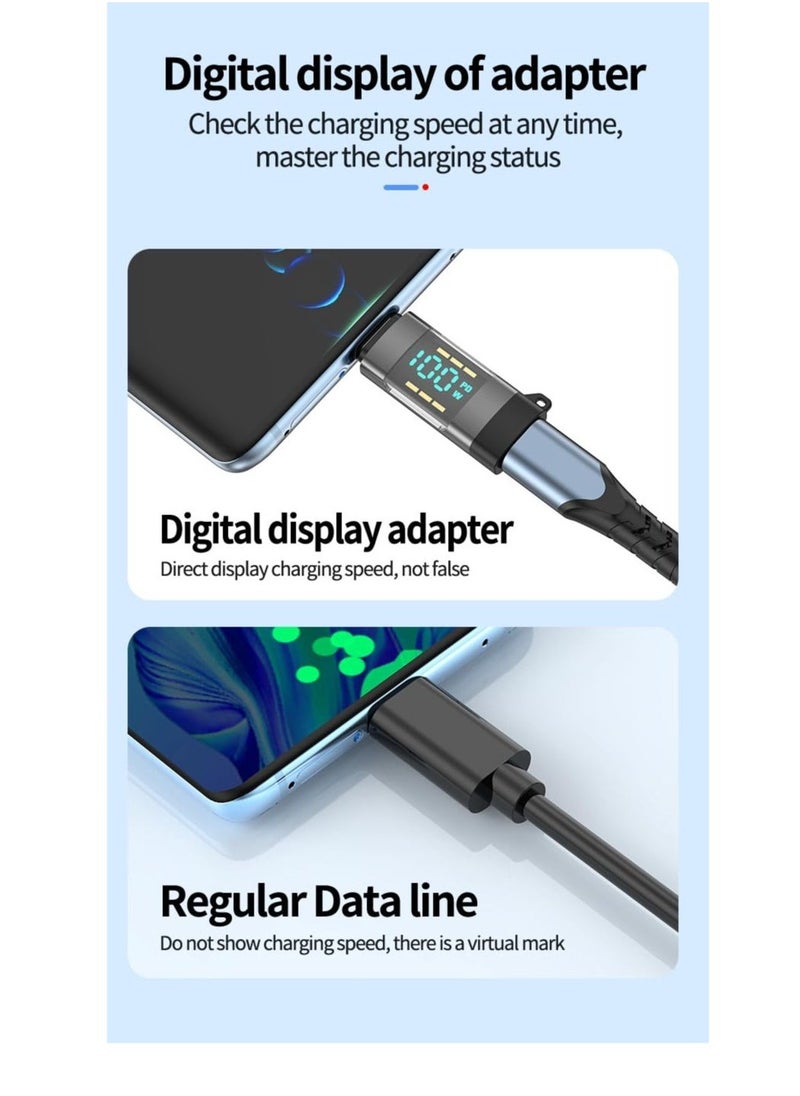 USB C Adapter, 2 Pcs 100W Digital Display USB C Female to USB C Male Extension Adapter, with Digital Display, Type C Power Meter Tester, Compatible iPhone 15 Pro Max and Other USB C Devices (Grey)