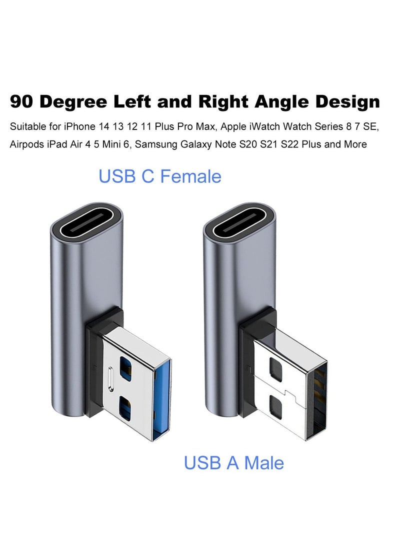 2 Pack 90 Degree USB C Female to USB Male Adapter, Type C to USB A Left and Right Angle Charger Converter, Suitable for Laptop/Mobile Phone/Tablet/PC