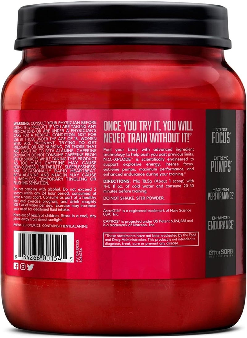 BSN N.O.-XPLODE Pre Workout Powder, Energy Supplement for Men and Women with Creatine and Beta-Alanine, Flavor: Blue Raz, 60 Servings