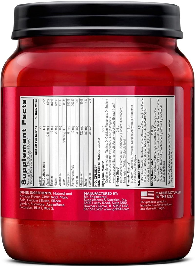 BSN N.O.-XPLODE Pre Workout Powder, Energy Supplement for Men and Women with Creatine and Beta-Alanine, Flavor: Blue Raz, 60 Servings