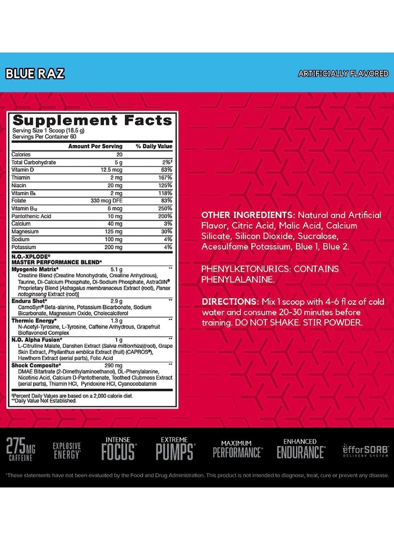 BSN N.O.-XPLODE Pre Workout Powder, Energy Supplement for Men and Women with Creatine and Beta-Alanine, Flavor: Blue Raz, 60 Servings