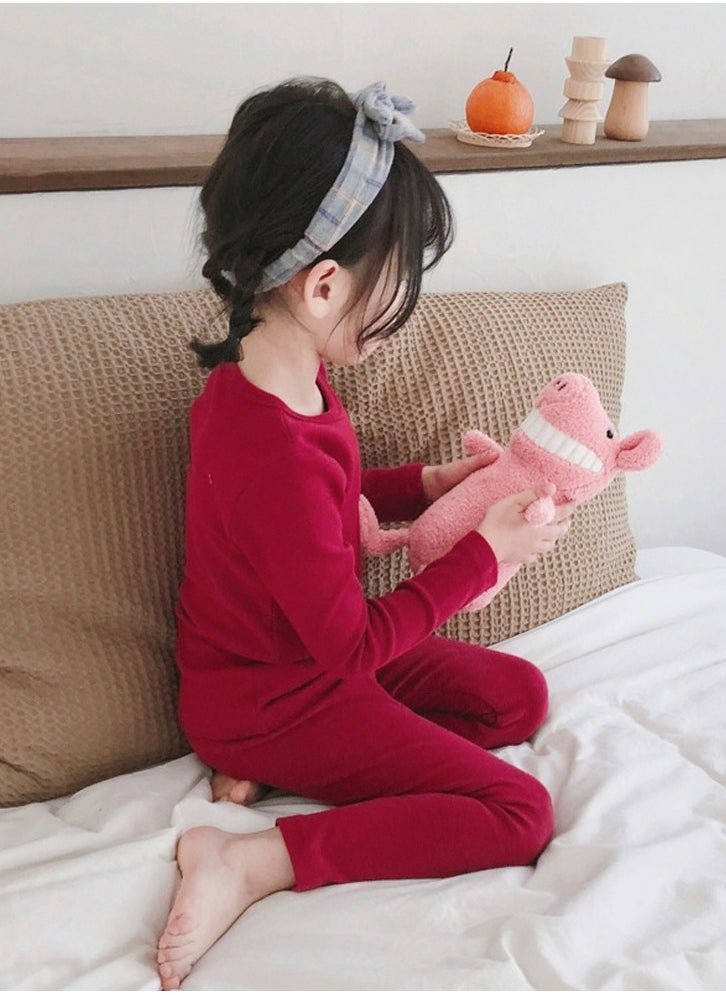 Kids Solid Color Thermal Underwear Set Cotton Soft Long Johns Base Layer Top & Bottom Children's Pajama Set Wine Red