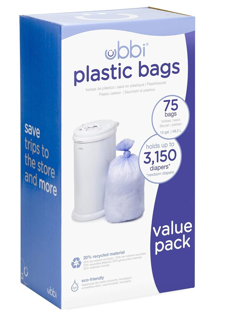 Ubbi Diaper Pail Plastic Bags, Disposable Baby Waste Bags, 3 Pack, 75 Count, 13-Gallon Bags