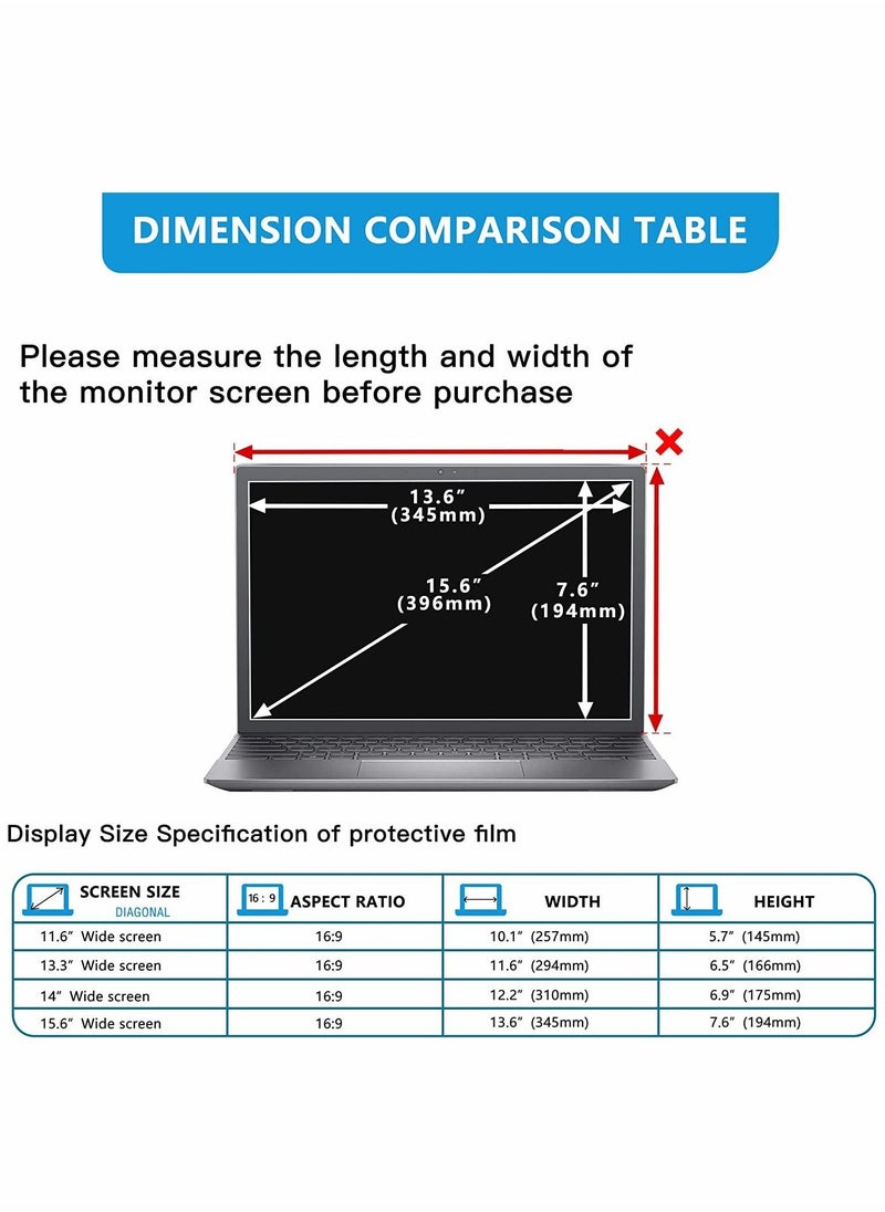 15.6 Inch Laptop Privacy Screen Filter Anti Blue Light Screen Protector, Compatible with HP Dell Asus Acer Sony Samsung Lenovo Toshiba,16:9 Removable Aspect Ratio Screen Filter Laptop Privacy