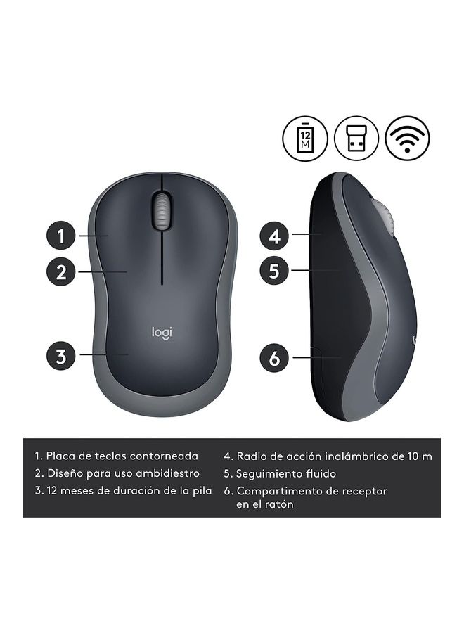 Logitech M185 Wireless Mouse, 2.4GHz with USB Mini Receiver, 12-Month Battery Life, 1000 DPI Optical Tracking, Ambidextrous, Compatible with PC, Mac, Laptop - Grey Grey