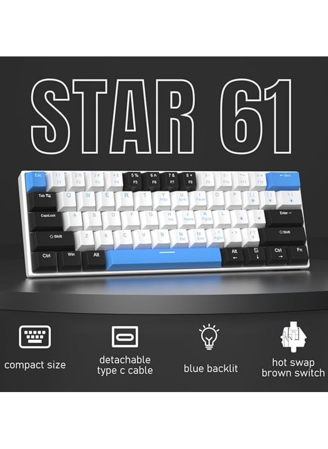 60% Mechanical Gaming Keyboard,Mixed Color Keycaps Gaming Keyboard with Brown Switches, Detachable Type-C Cable Mini Keyboard with Blue LED Light for PC/Laptop