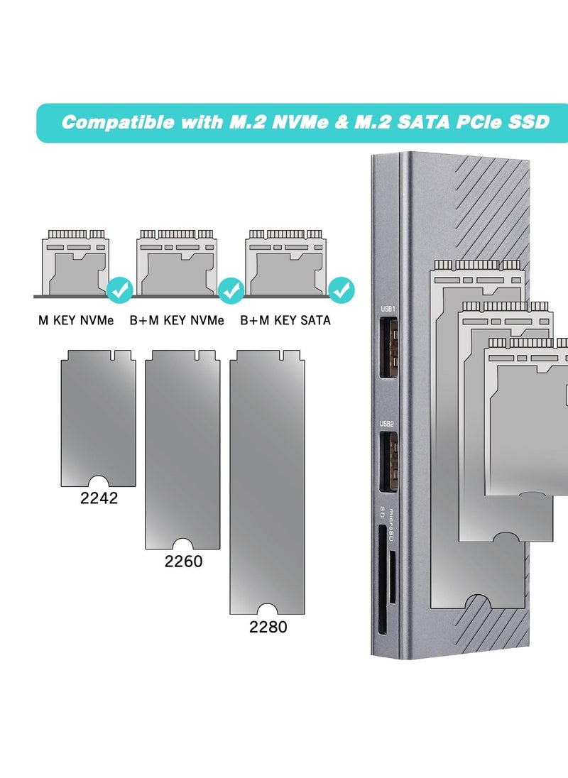 NVMe Enclosure, Suspendable FARBOKO M.2 Enclosure USB3.2/ USB3.1 Gen2 10Gbps with 2 USB2.0 Ports & SD/TF Card Reader for M.2 NVMe/SATA SSD in 2242/2260/2280