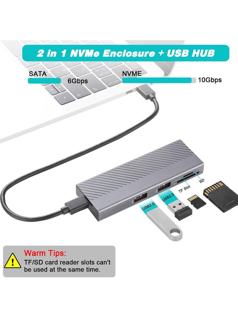 NVMe Enclosure, Suspendable FARBOKO M.2 Enclosure USB3.2/ USB3.1 Gen2 10Gbps with 2 USB2.0 Ports & SD/TF Card Reader for M.2 NVMe/SATA SSD in 2242/2260/2280