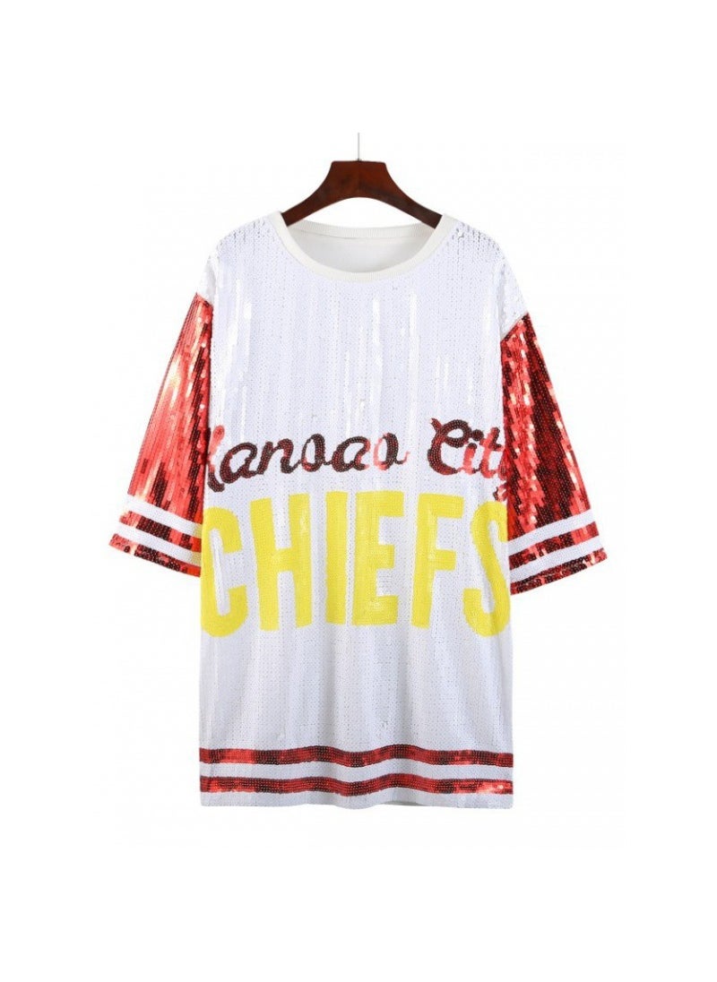 Sequin Rugby T-Shirt, Oversized Womens Tee Figure Color