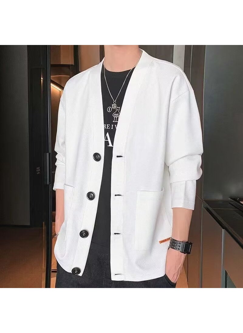 Mens Casual Waffle Knit Cardigan White