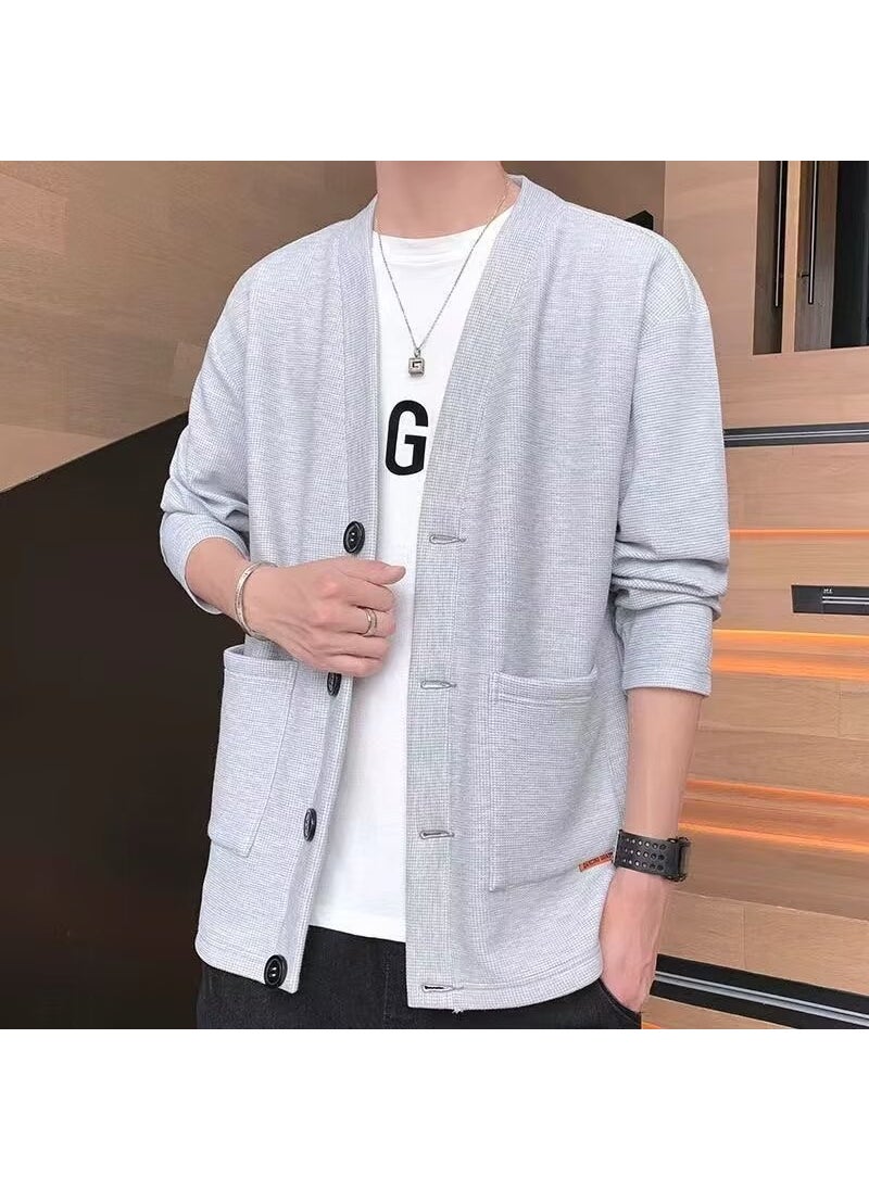 Mens Casual Waffle Knit Cardigan White