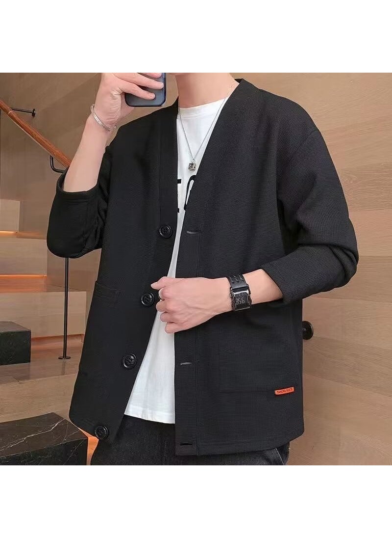 Mens Casual Waffle Knit Cardigan Black