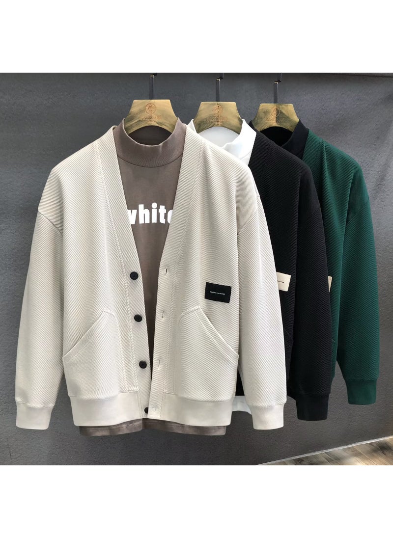 Spring Autumn Casual V-Neck Sweater Mens Fashion Slim Coat Black