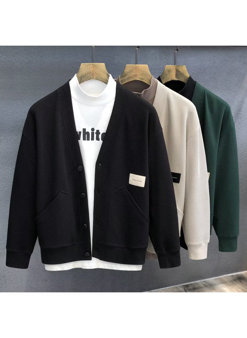 Spring Autumn Casual V-Neck Sweater Mens Fashion Slim Coat Black