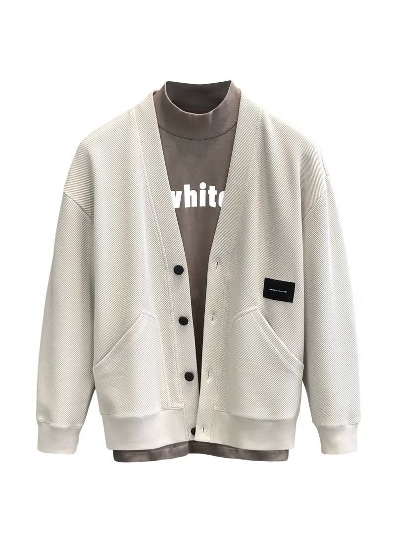 Spring Autumn Casual V-Neck Sweater Mens Fashion Slim Coat Khaki