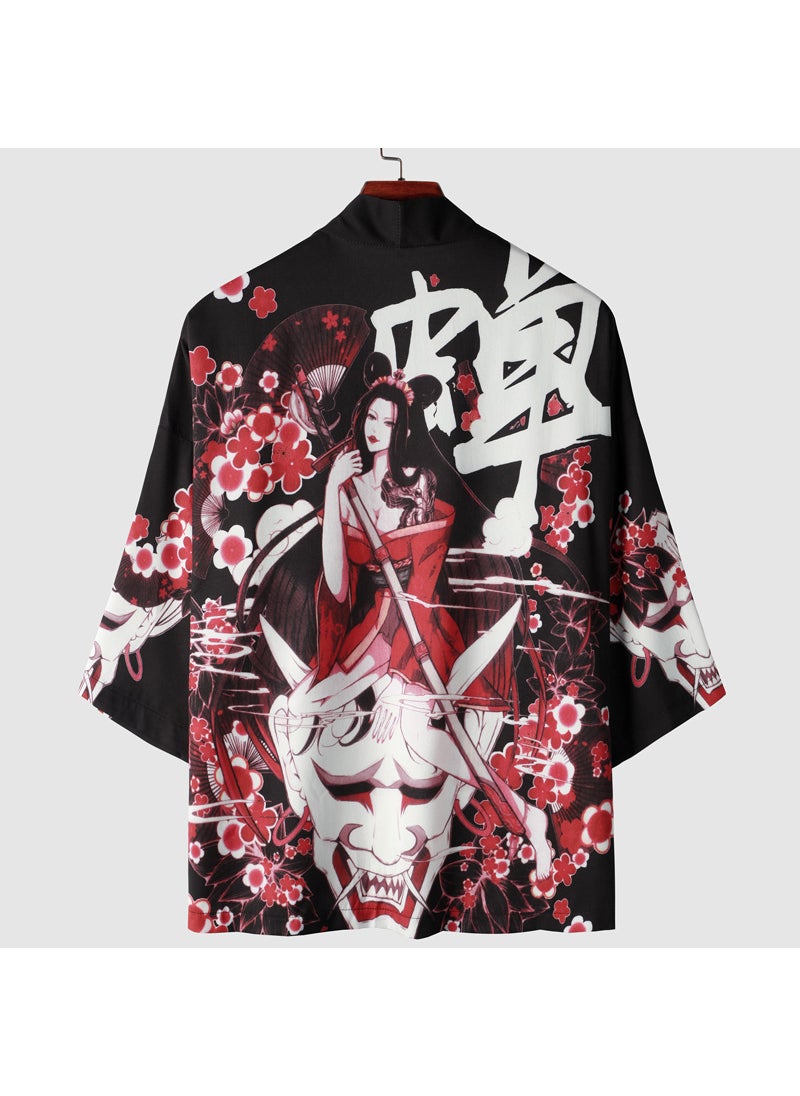 Spring Summer Kimono Print Cardigan Unisex Black