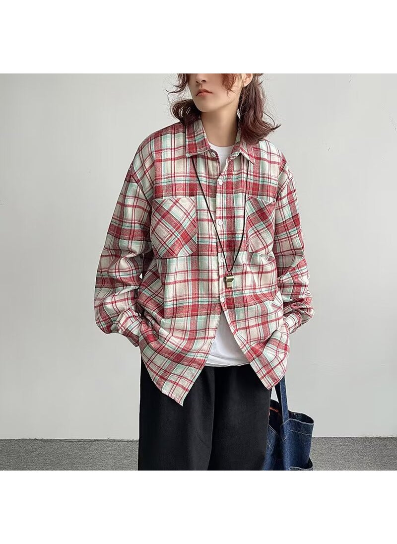 Retro Colorblock Plaid Shirt Unisex Casual Oversized Coat 393 yellow