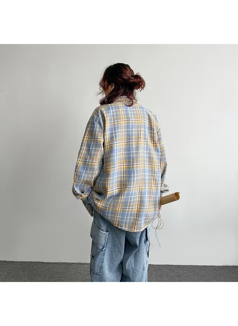 Retro Colorblock Plaid Shirt Unisex Casual Oversized Coat 393 yellow