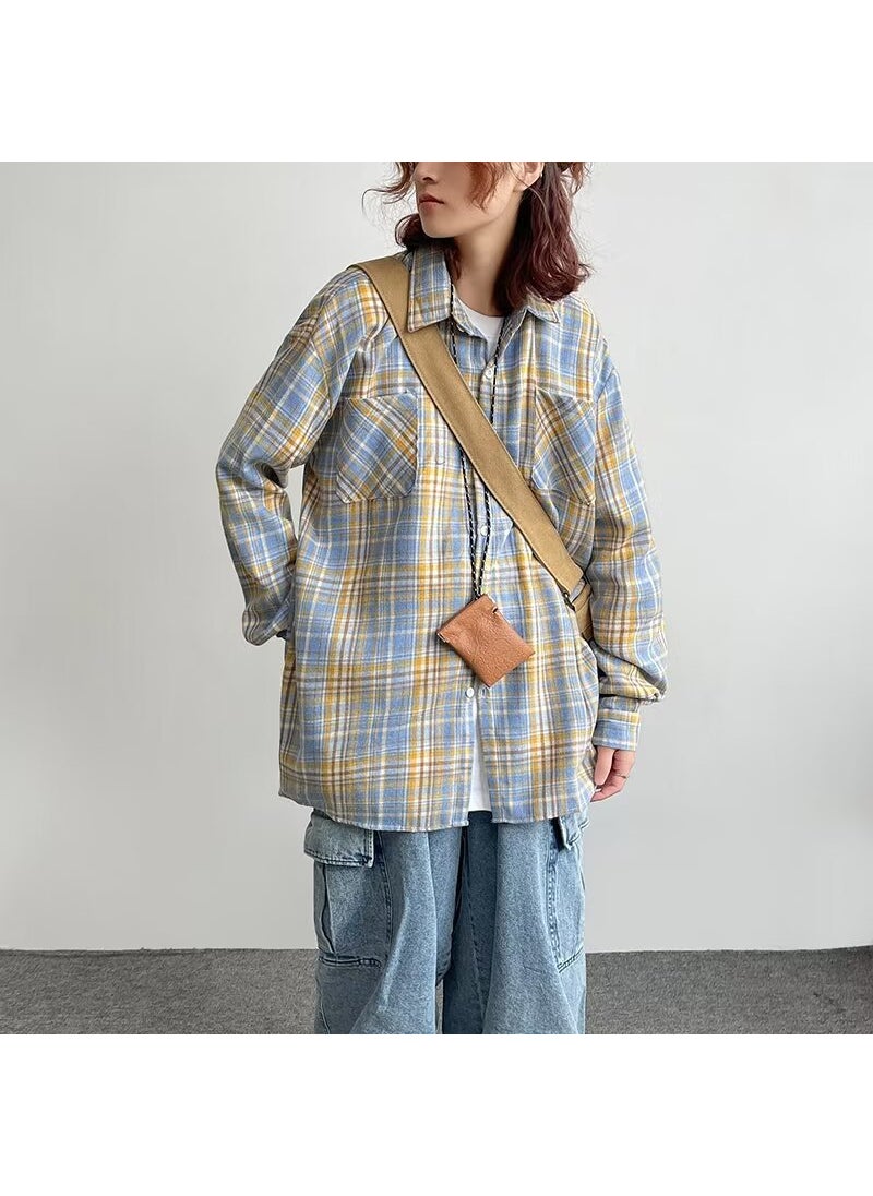 Retro Colorblock Plaid Shirt Unisex Casual Oversized Coat 393 yellow