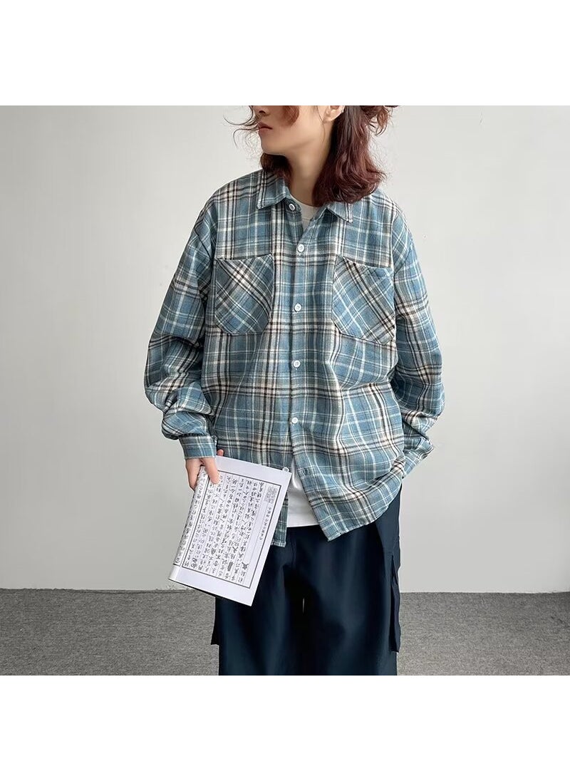 Retro Colorblock Plaid Shirt Unisex Casual Oversized Coat 393 yellow