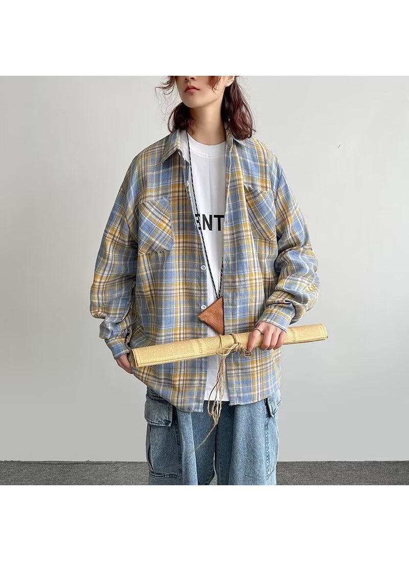 Retro Colorblock Plaid Shirt Unisex Casual Oversized Coat 393 yellow