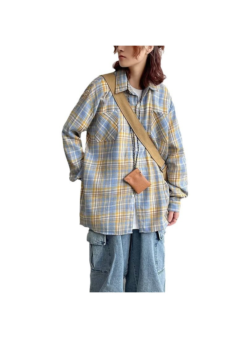 Retro Colorblock Plaid Shirt Unisex Casual Oversized Coat 393 blue