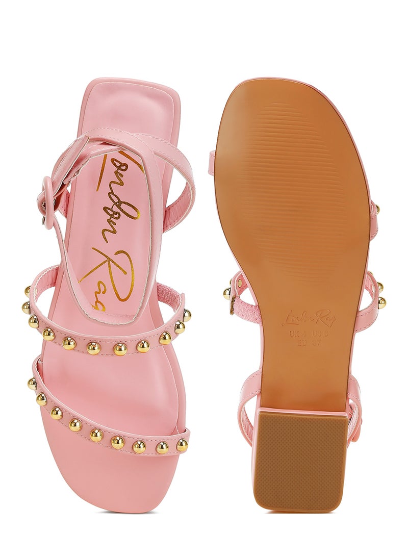 Studded Ankle Strap Flat Sandals in Pink