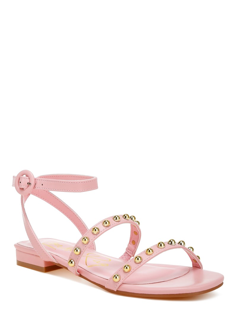 Studded Ankle Strap Flat Sandals in Pink