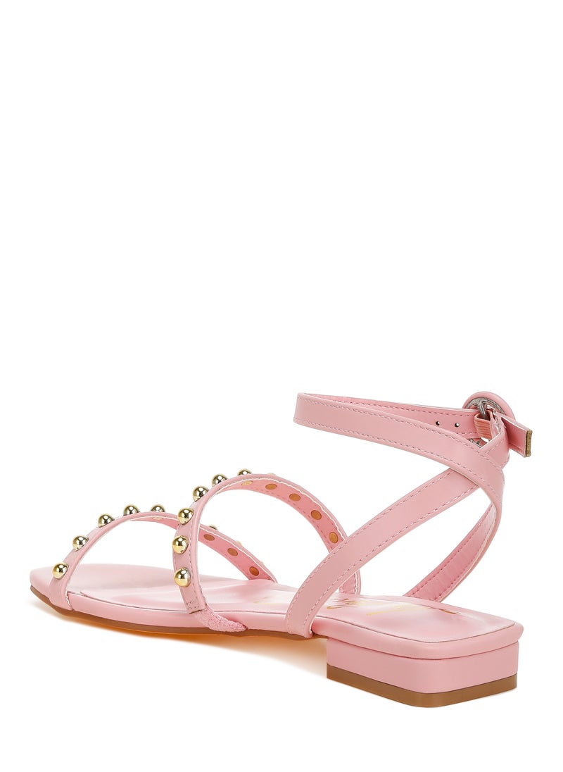 Studded Ankle Strap Flat Sandals in Pink