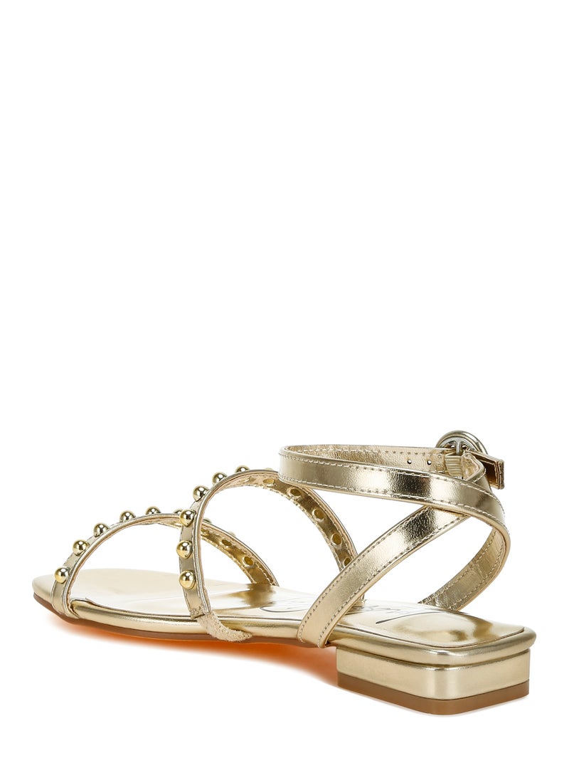 Studded Ankle Strap Flat Sandals in Gold