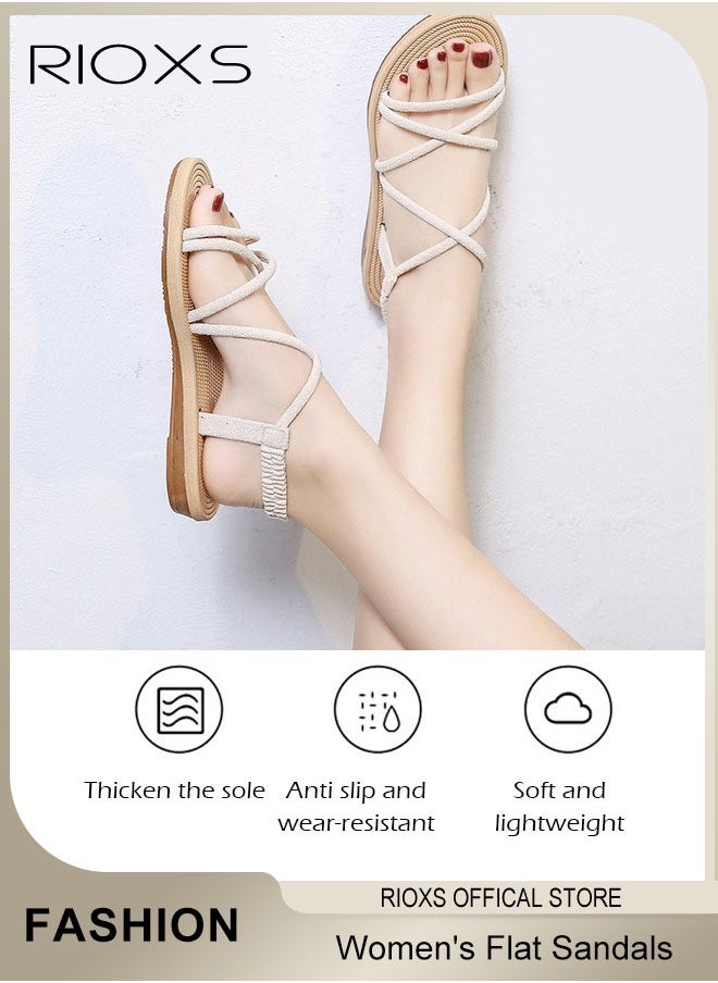 Women's Flat Sandals, Comfortable Ankle Strap Cutout Sandals, Summer Roman Slide Shoes, Braided Vacation Beach Slide Sandals, Fashional Casual Flat Sandals For Travel Hawaii Daily Wear