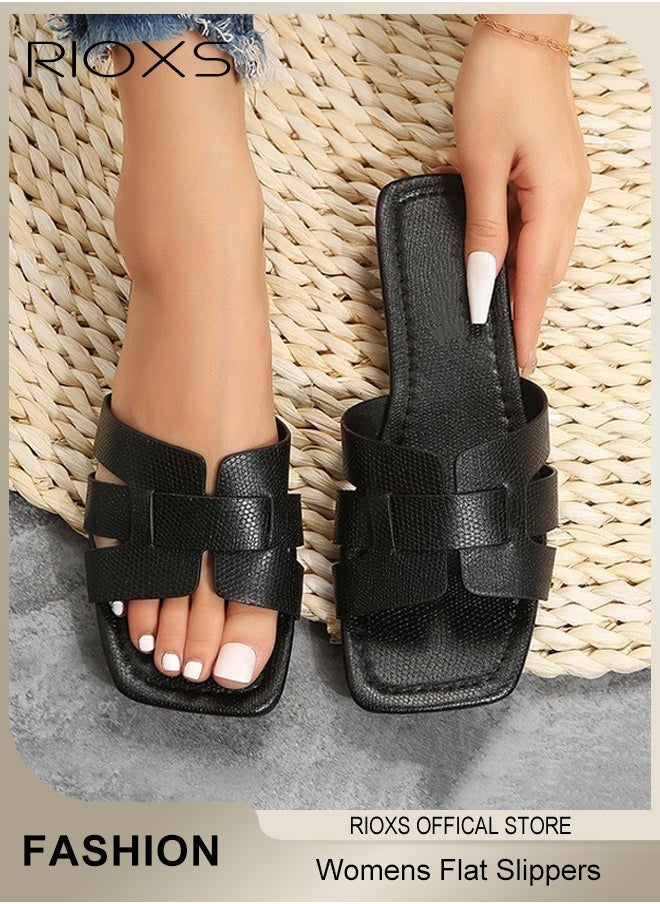 Flat Sandals For Women,Anti-Slip Open Toe Slide Sandals,PU Leather Square Toe Sandals Slippers,Fashion Cross Strappy Sandals,Comfort Soft Sole Sandals,Women Beach Sandals For House Indoor Outdoor Use