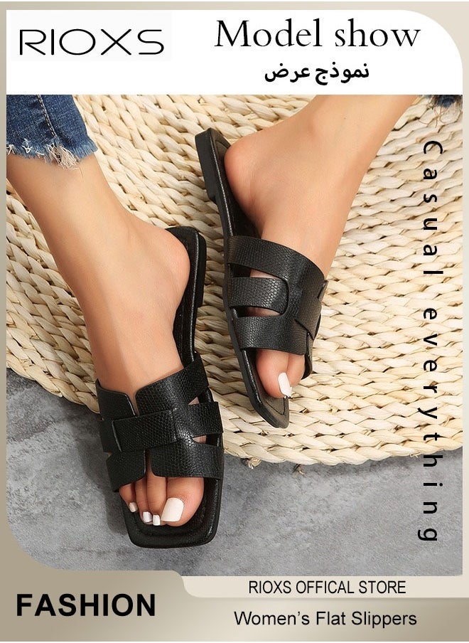 Flat Sandals For Women,Anti-Slip Open Toe Slide Sandals,PU Leather Square Toe Sandals Slippers,Fashion Cross Strappy Sandals,Comfort Soft Sole Sandals,Women Beach Sandals For House Indoor Outdoor Use