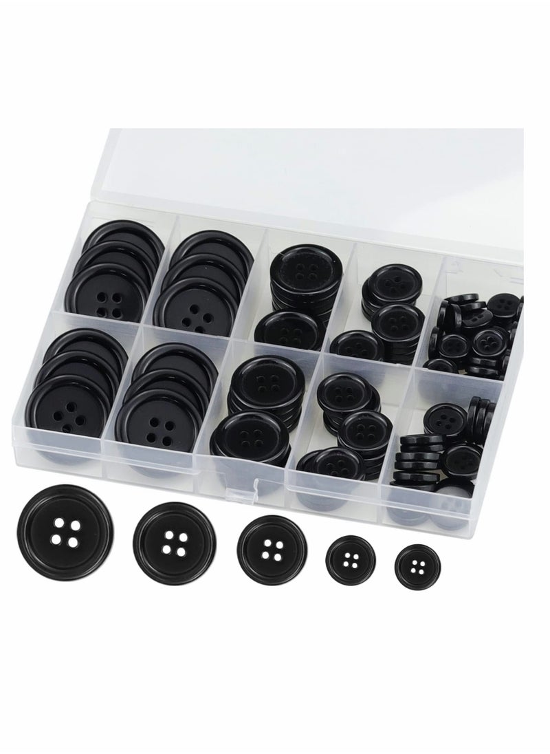 Premium 100 Pcs Resin Sewing Buttons Eco-Friendly 4-Hole Craft Buttons, 5 Sizes of Black Round Mixed Buttons Suitable for Sewing DIY and Holiday Decoration