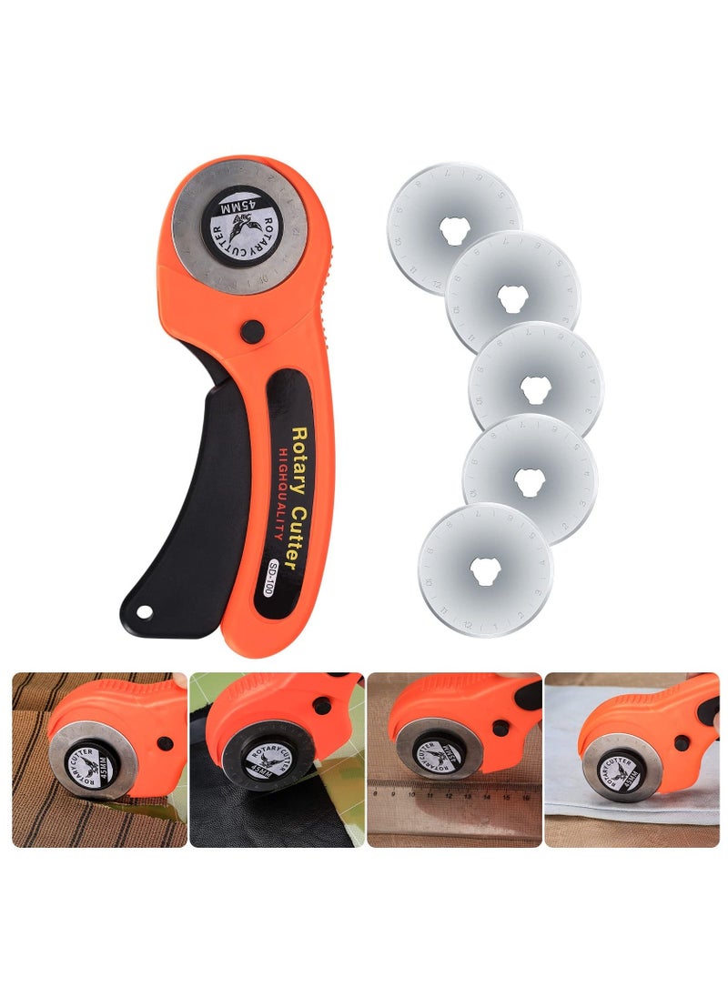 45mm Rotary Cutter, Rotary Fabric Cutter with 5pcs Extra Blades Ergonomic Handle Rolling Cutter with Safety Lock for Precise Cutting, Rotary Cutter for Fabric, Leather, Crafting, Sewing