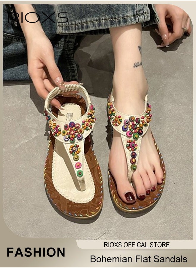 Flat Sandals For Women Bohemian Beaded Sandals Women's Fashion Ankle Strap Beach Sandal Slip-on Flats Shoes For Ladies Vacation Shopping Walking Daily Wear