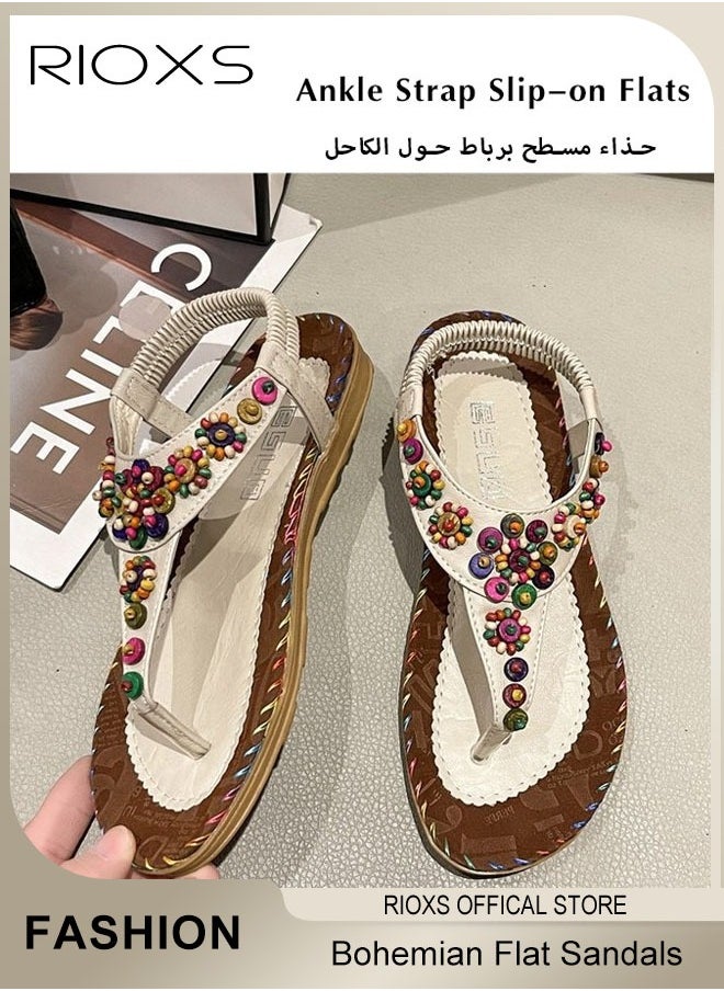 Flat Sandals For Women Bohemian Beaded Sandals Women's Fashion Ankle Strap Beach Sandal Slip-on Flats Shoes For Ladies Vacation Shopping Walking Daily Wear