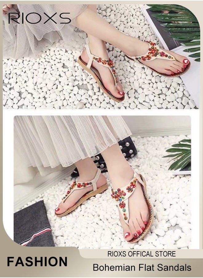 Flat Sandals For Women Bohemian Beaded Sandals Women's Fashion Ankle Strap Beach Sandal Slip-on Flats Shoes For Ladies Vacation Shopping Walking Daily Wear