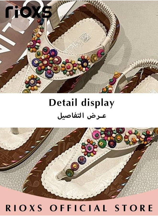 Flat Sandals For Women Bohemian Beaded Sandals Women's Fashion Ankle Strap Beach Sandal Slip-on Flats Shoes For Ladies Vacation Shopping Walking Daily Wear