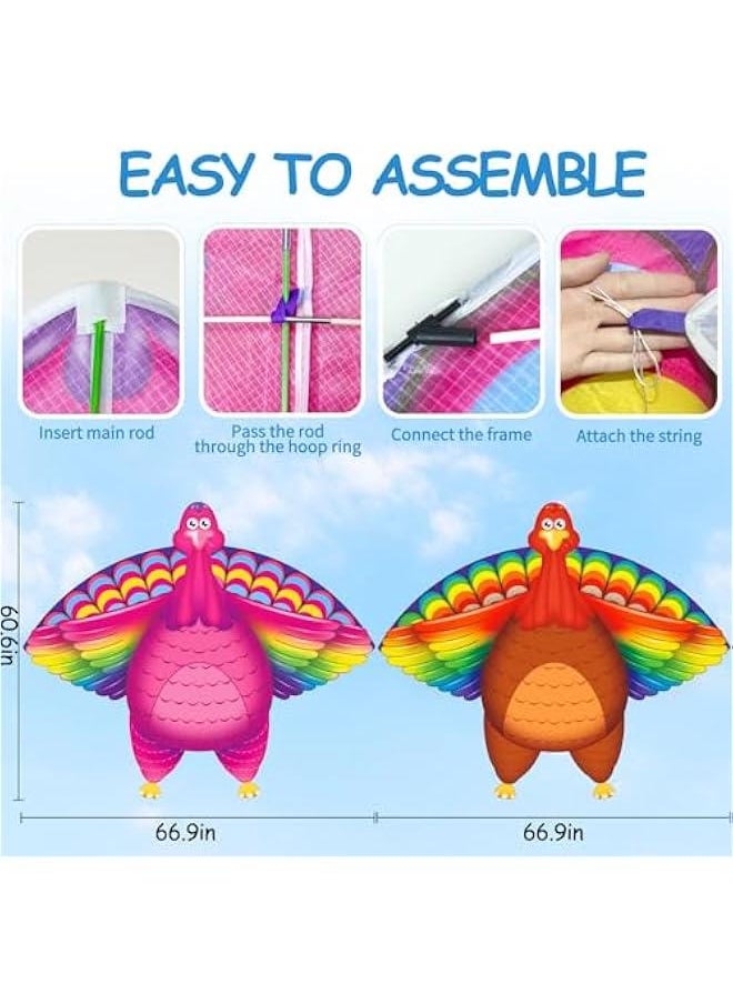 2 Pack Thanksgiving Decorations, 70 Large Kites for Adults Easy to Fly Big Thanksgiving Turkey Kites for Kids Ages 8-12 with 328FT Kite String for Beach Trip Park Gift Outdoor Games and Activities